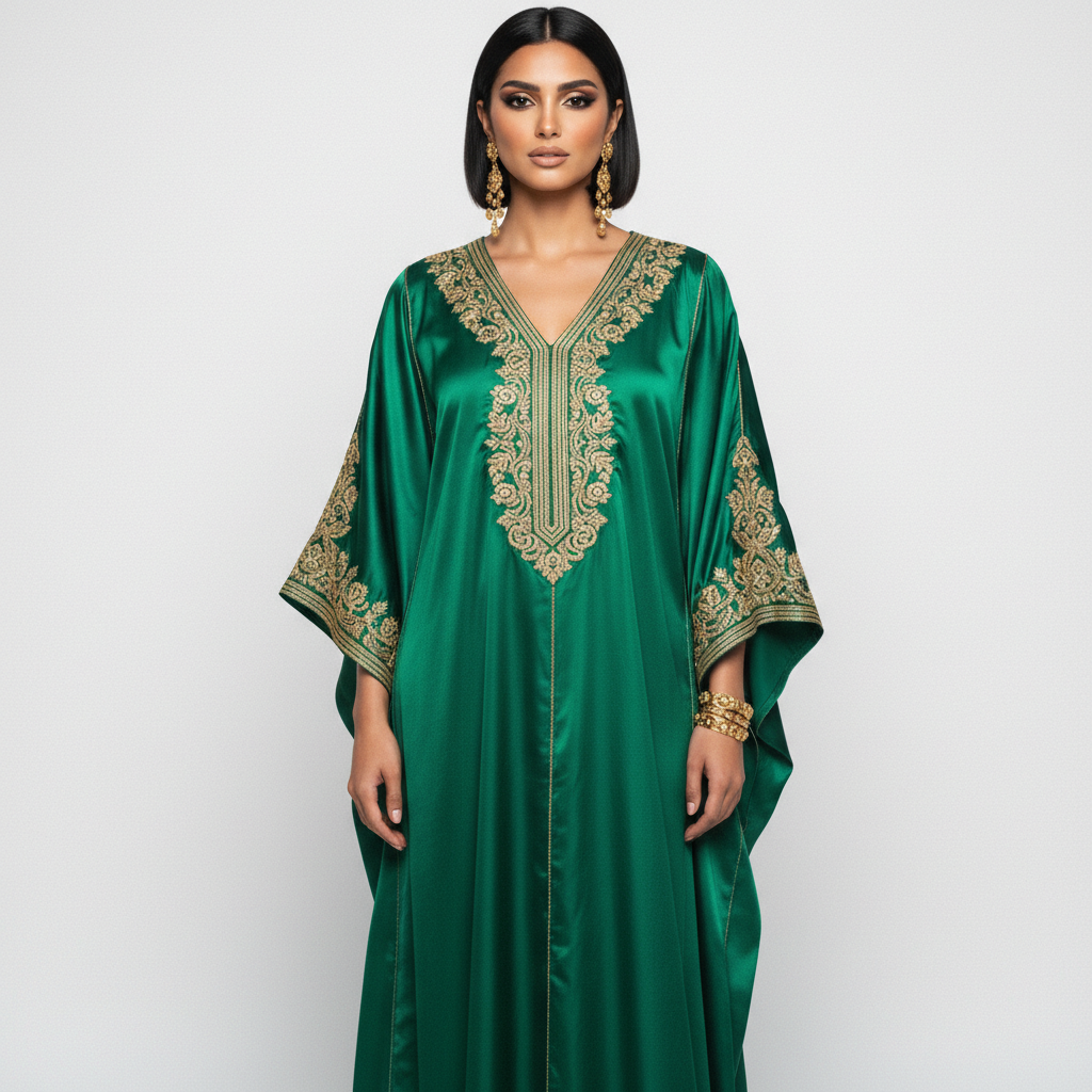 Noura in emerald green silk kaftan with gold embroidery — editorial studio shoot