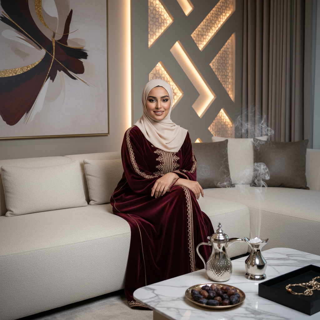 Dana in burgundy velvet kaftan at a women zwara gathering — editorial