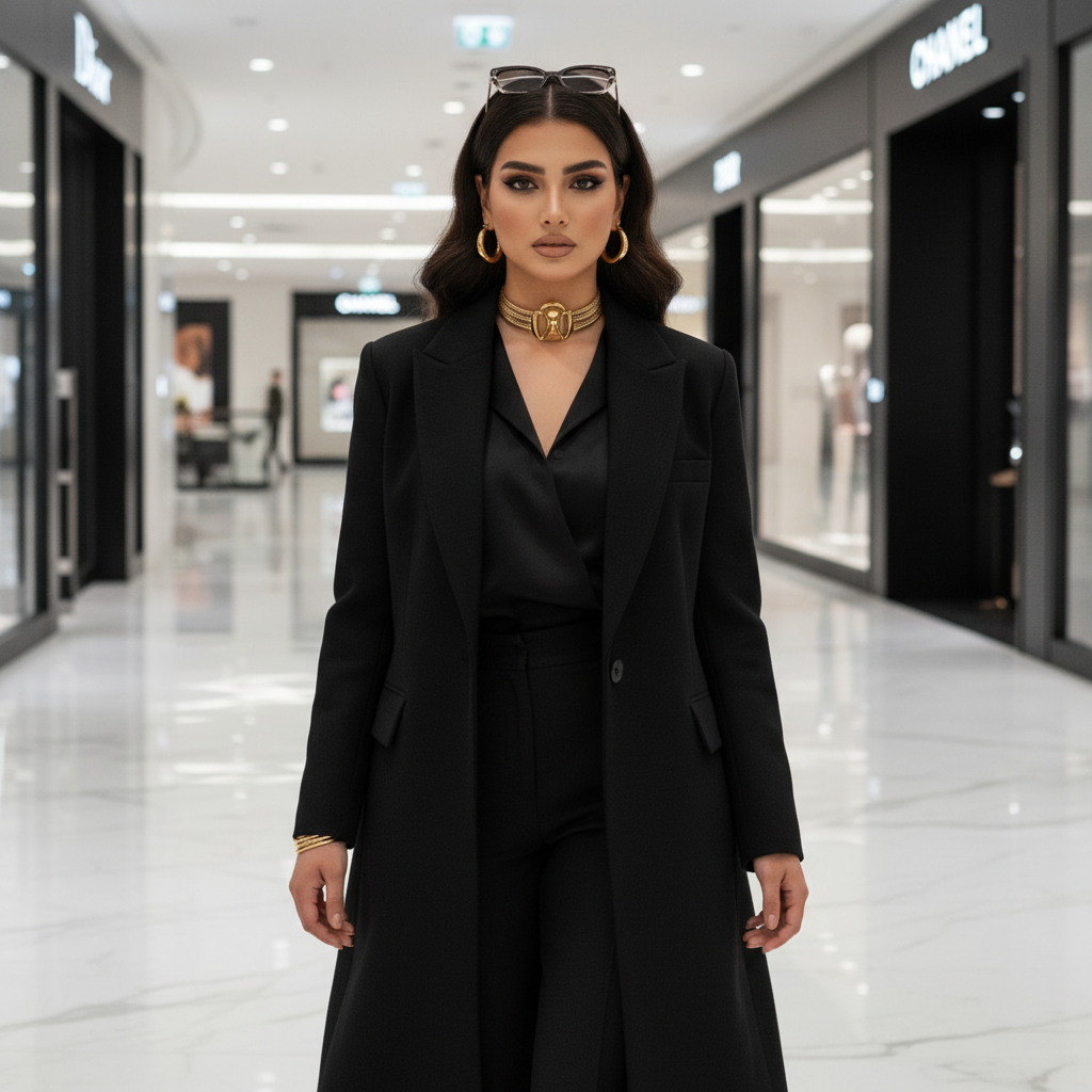 Layla in structured black wool coat at a luxury mall — street style editorial