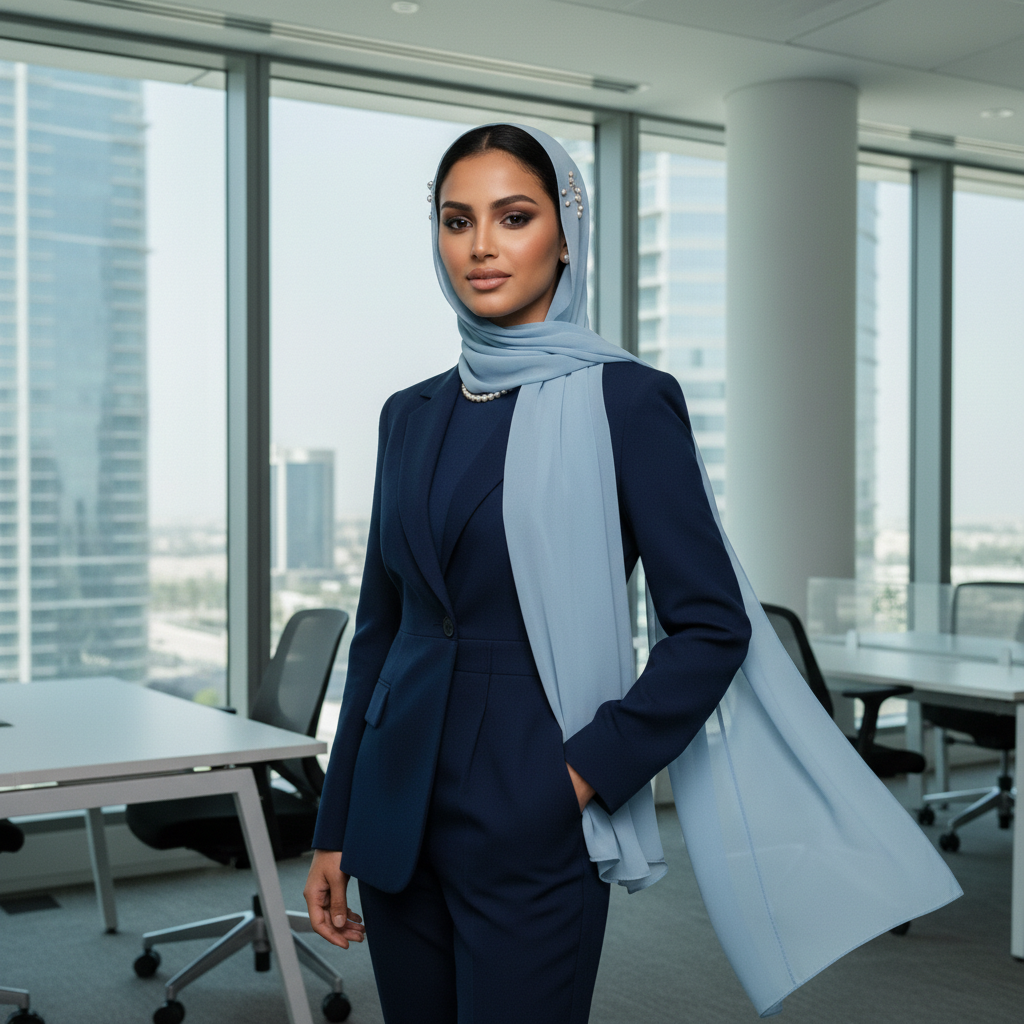 Fatima in navy blazer with hijab at a modern office — corporate editorial