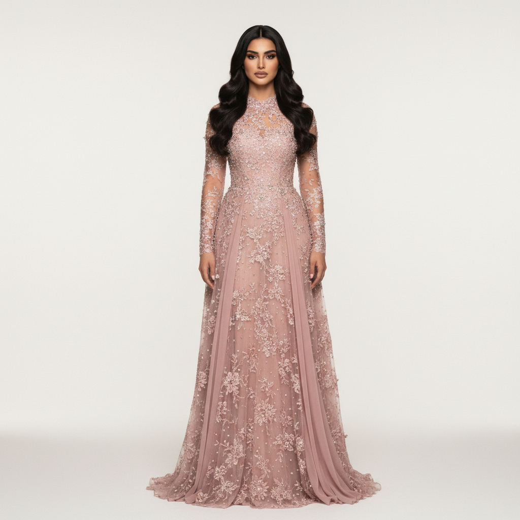 Joud in floor-length dusty rose evening gown with lace — studio editorial