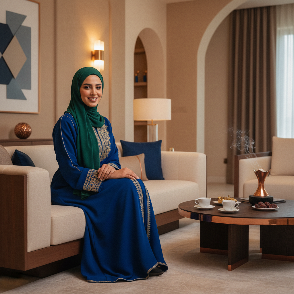 Maryam in royal blue embroidered jalabiya at a zwara gathering — editorial